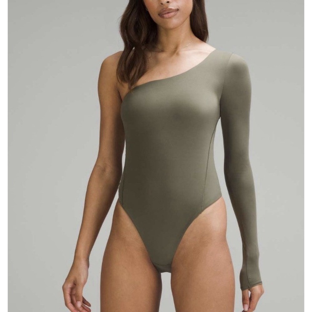 Lululemon Wundermost One-Shoulder Bodysuit Long Sleeve Nulu Thong Army Green S